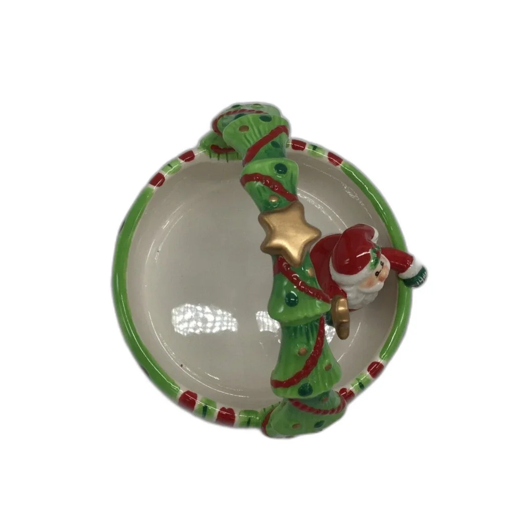 Fitz Floyd Ceramic Santa Bowl Candy Dish With Box Green Stripe Christmas